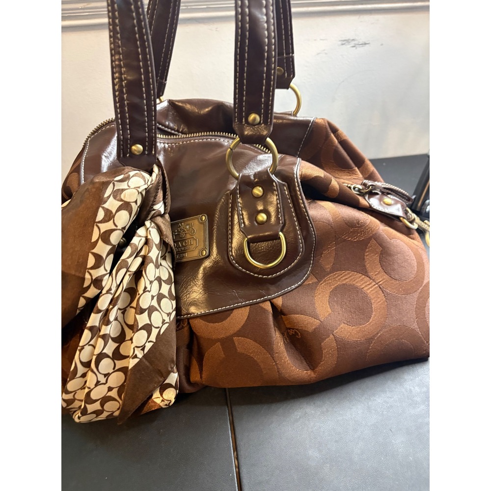 Coach Signature C Brown Jacquard Leather Satchel Handbag G04U-1202 with Scarf